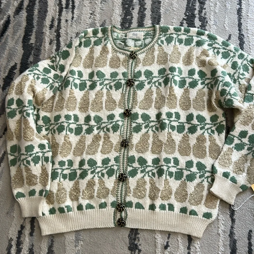 Hand knit Dia north of Boston pears cardigan sweater NWT XL  grandma Y2K - Picture 2 of 8